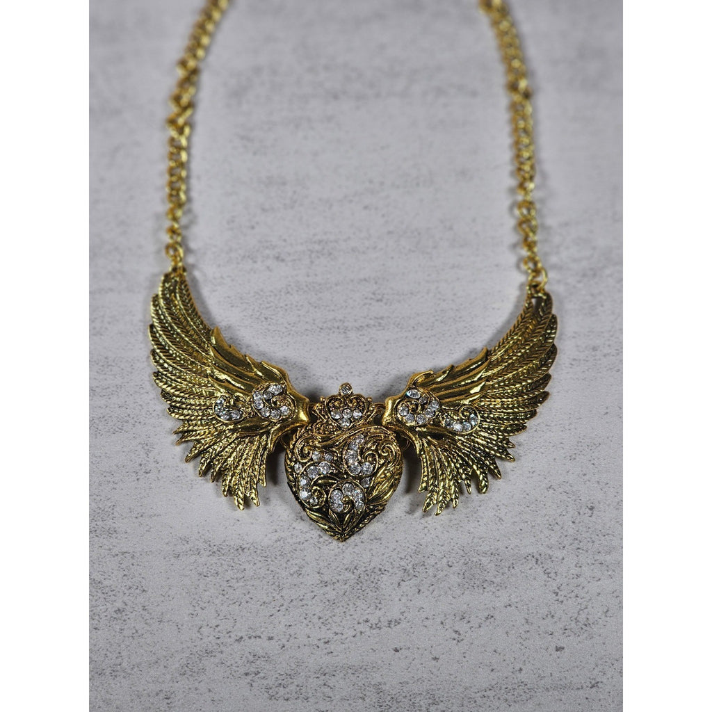 Vintage Gold Tone Winged Heart Rhinestone Statement Necklace