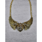 Vintage Gold Tone Winged Heart Rhinestone Statement Necklace