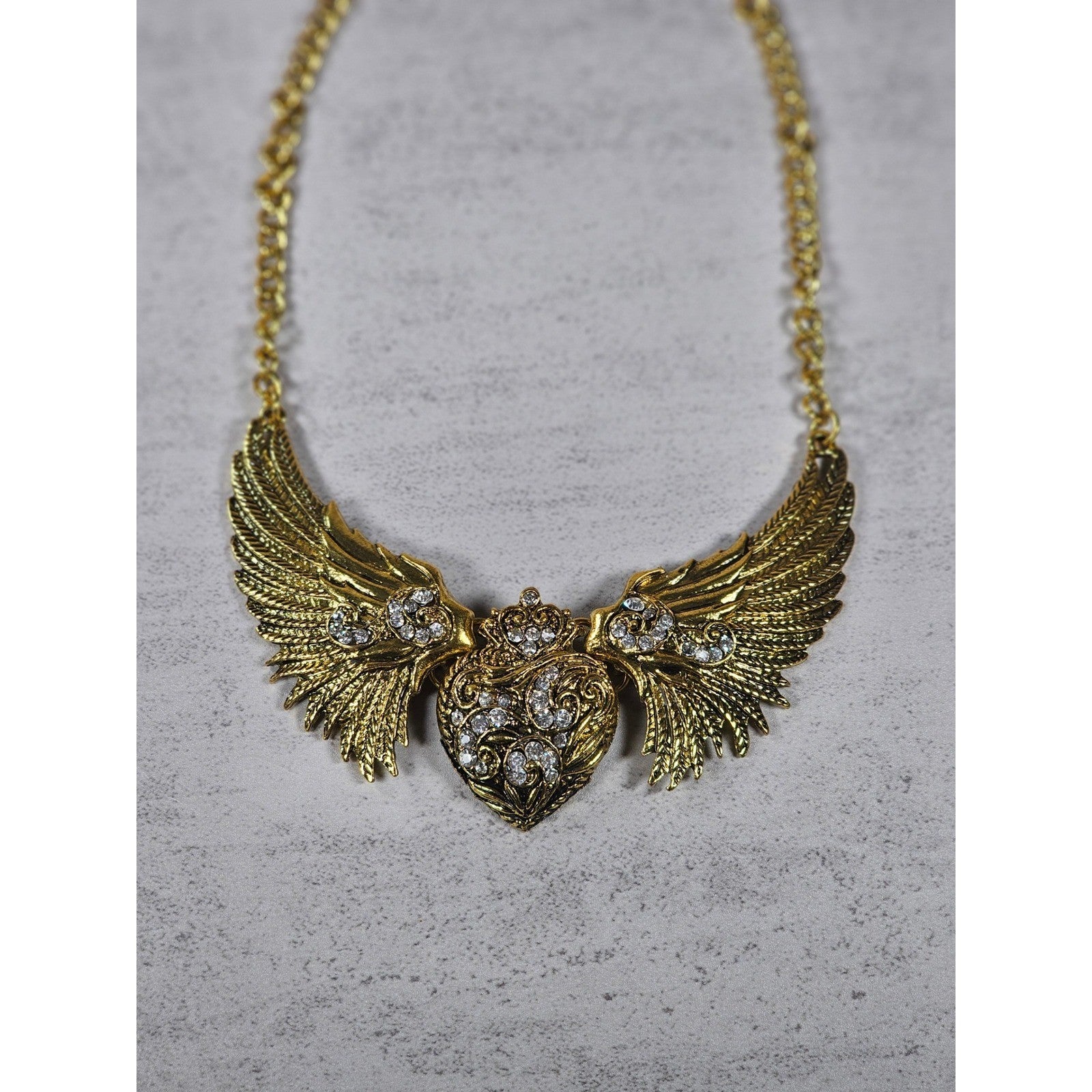 Vintage Gold Tone Winged Heart Rhinestone Statement Necklace