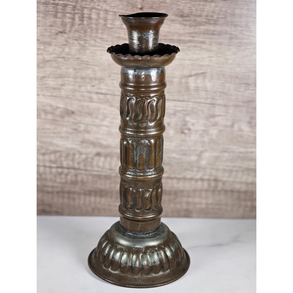 Antique Tinned Copper Candlestick Holder 12" Embossed Design