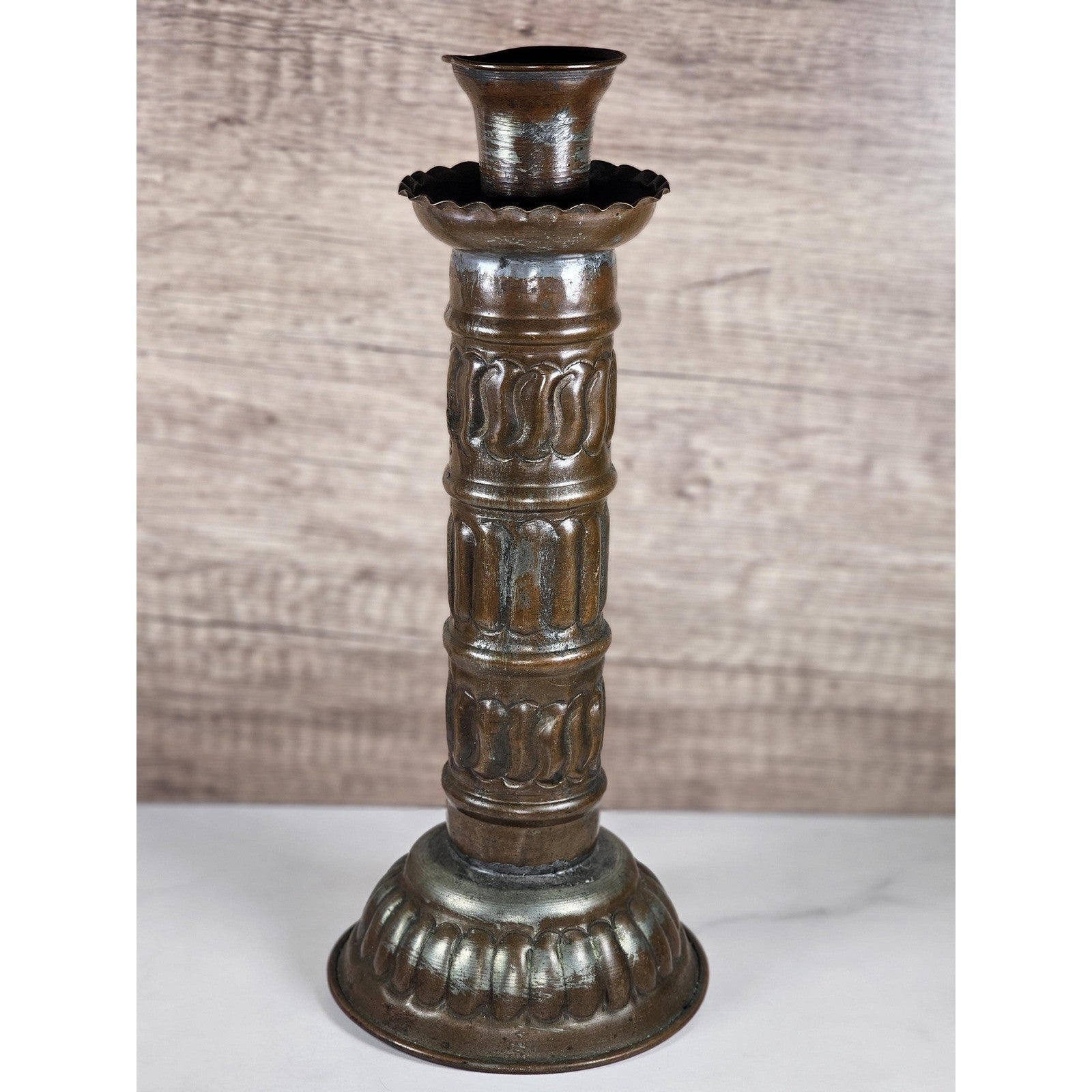 Antique Tinned Copper Candlestick Holder 12" Embossed Design