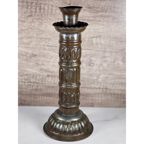 Antique Tinned Copper Candlestick Holder 12" Embossed Design