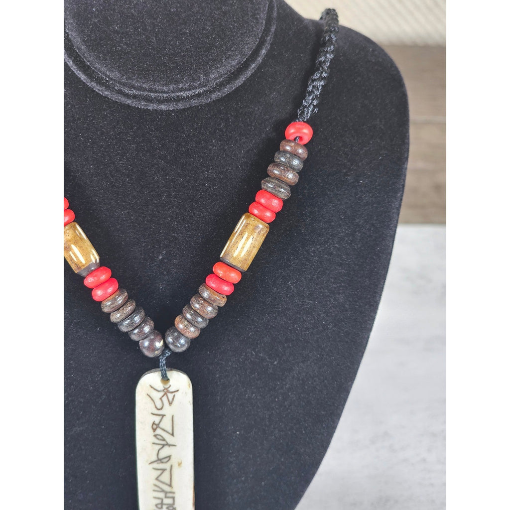Vintage Tribal Script Pendant Necklace Wood & Red Beads