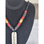 Vintage Tribal Script Pendant Necklace Wood & Red Beads