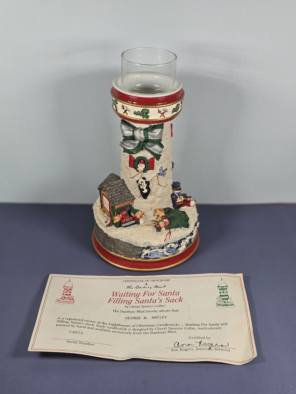 Danbury Cheryl Collin Lighthouse Xmas Candlestick Filling Santa Sack Waiting