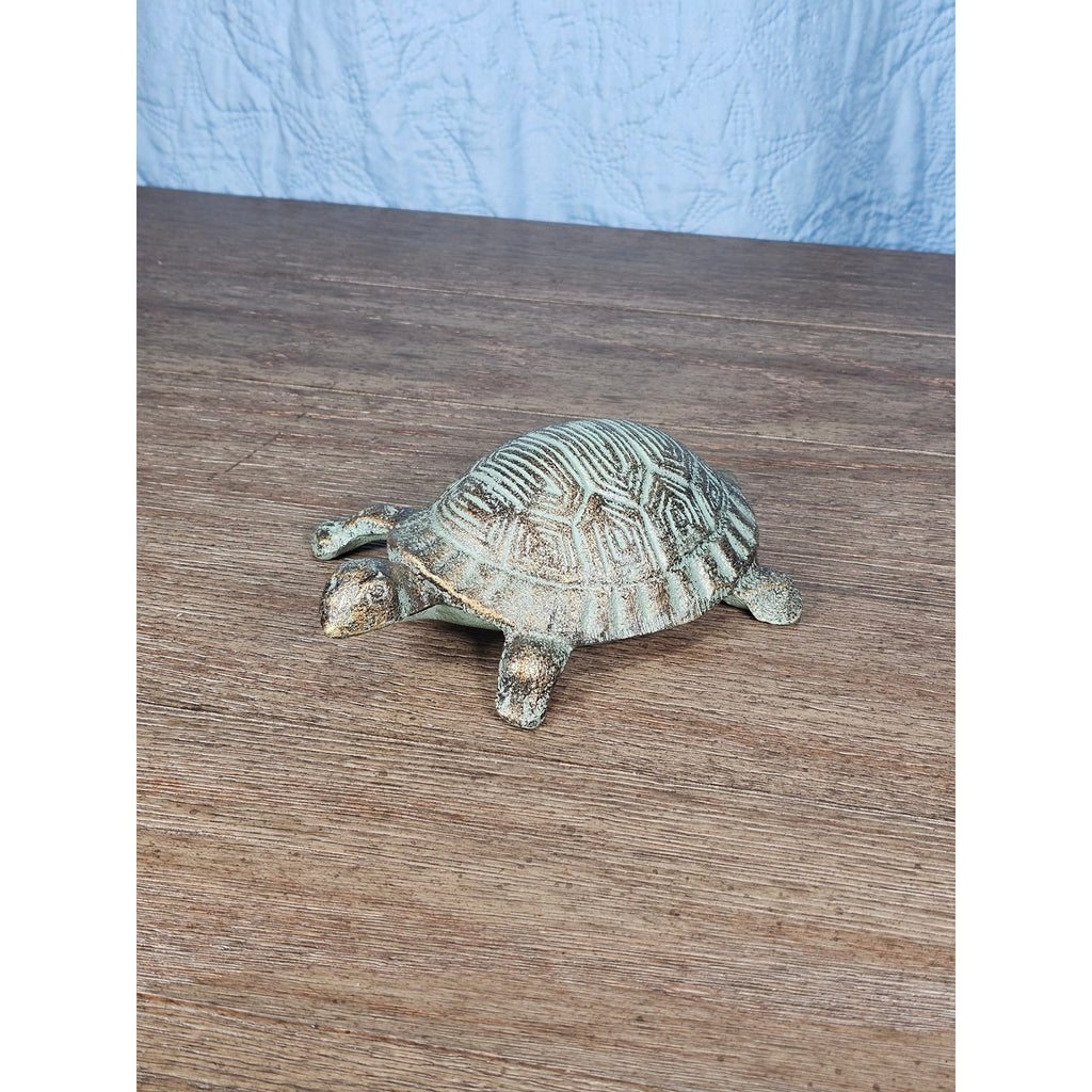 Cast Iron Turtle Decor Tabletop Accent Green Patina Coastal Figurine