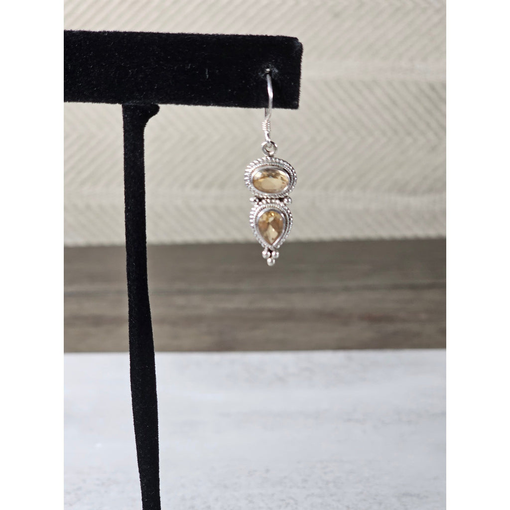 Vintage 925 Sterling Silver Citrine Drop Earrings Teardrop Dangle