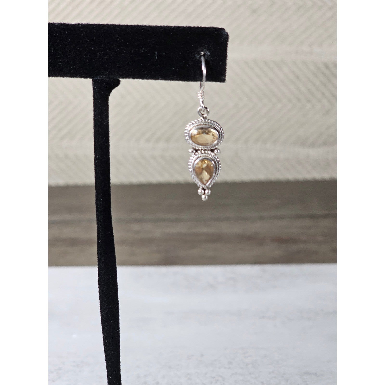 Vintage 925 Sterling Silver Citrine Drop Earrings Teardrop Dangle