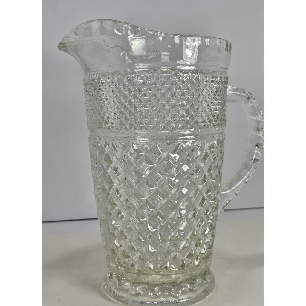 Vintage Heavy Clear Crystal Glass Diamond Pattern Water Pitcher – With Chip