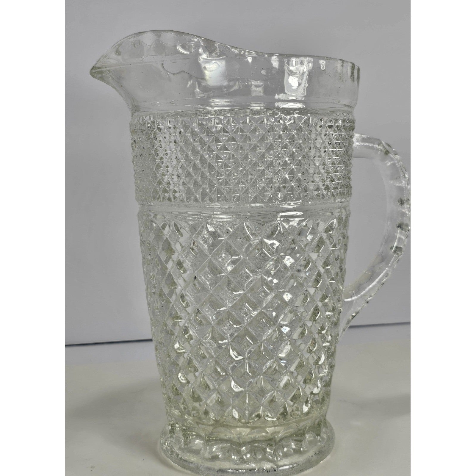 Vintage Heavy Clear Crystal Glass Diamond Pattern Water Pitcher – With Chip
