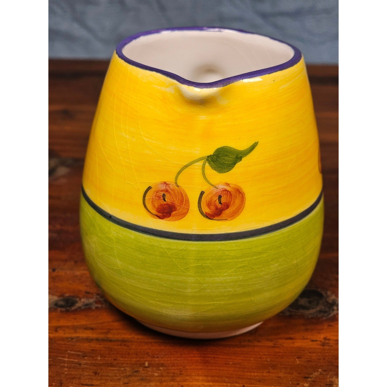 Vintage Ceramic Small Cherry Pitcher Yellow Green Hand Painted Country Kitchen