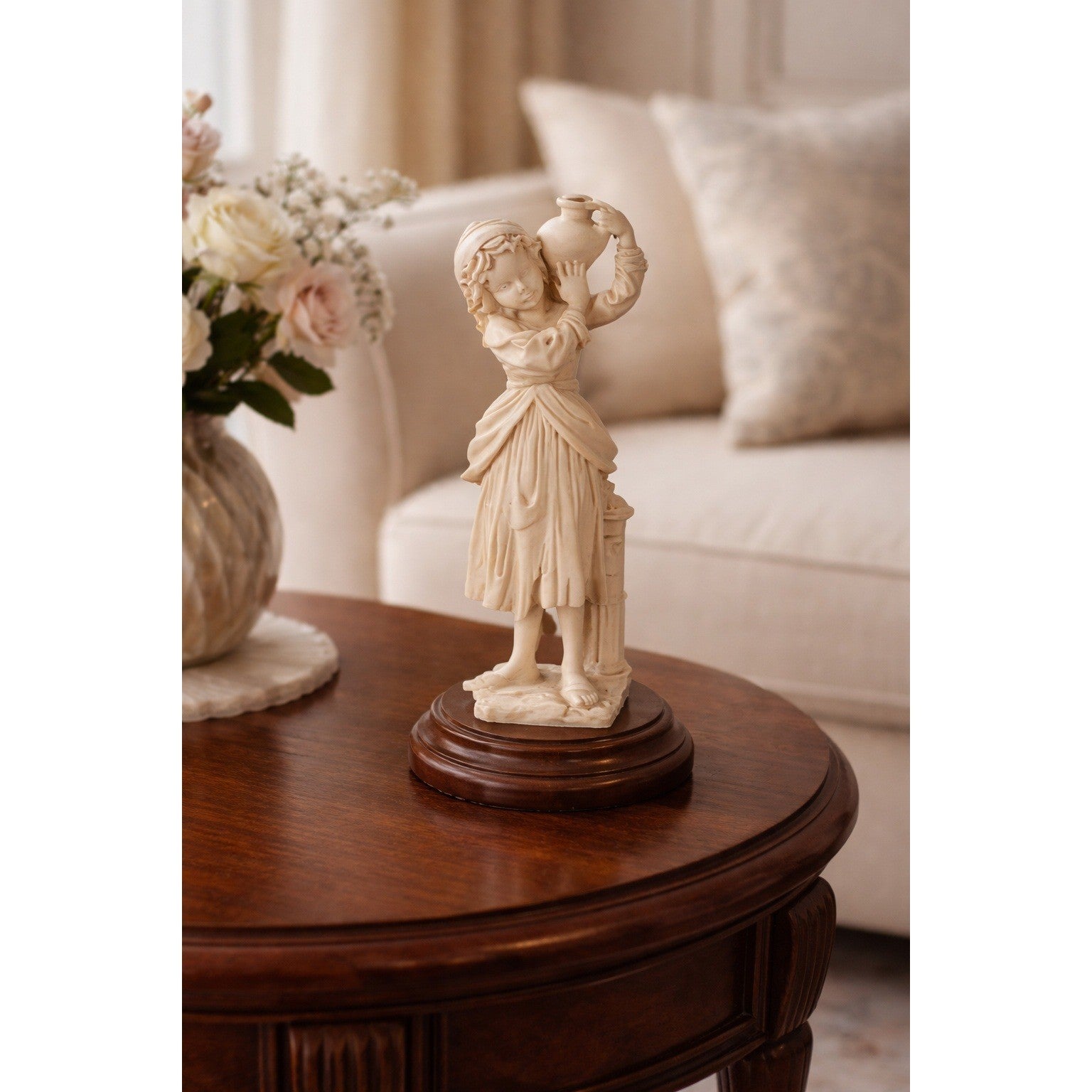 Vintage Farm Girl Figurine Water Jug Resin Victorian Style Decor