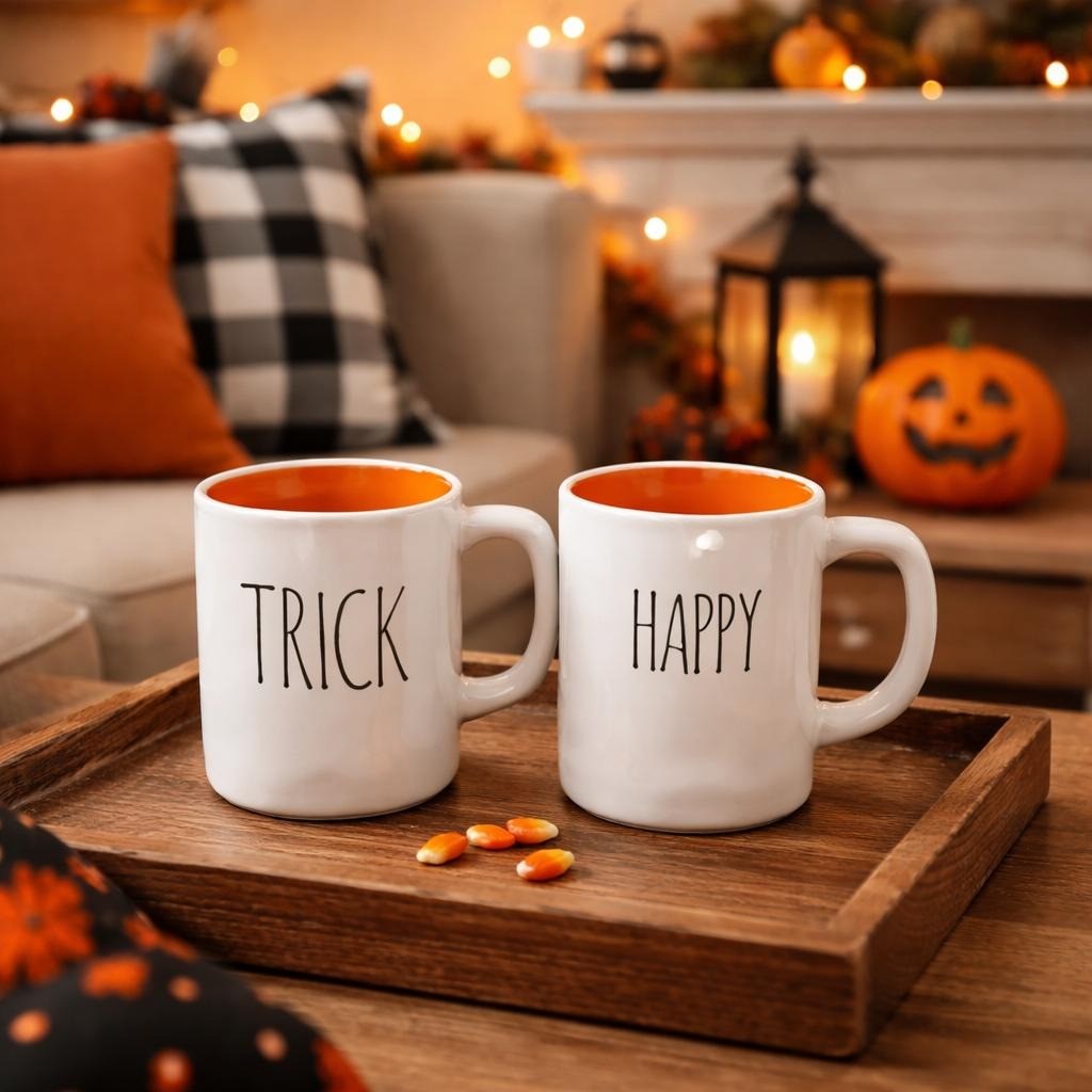 Vintage Rae Dunn Halloween Mugs Set Orange Interior Double Sided Ceramic