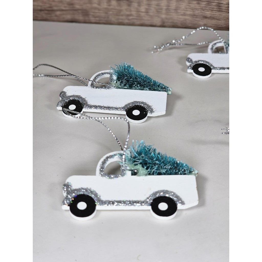 Set of 5 White Pickup Truck Christmas Ornaments with Tree Glitter Holiday Decor