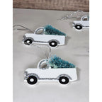 Set of 5 White Pickup Truck Christmas Ornaments with Tree Glitter Holiday Decor