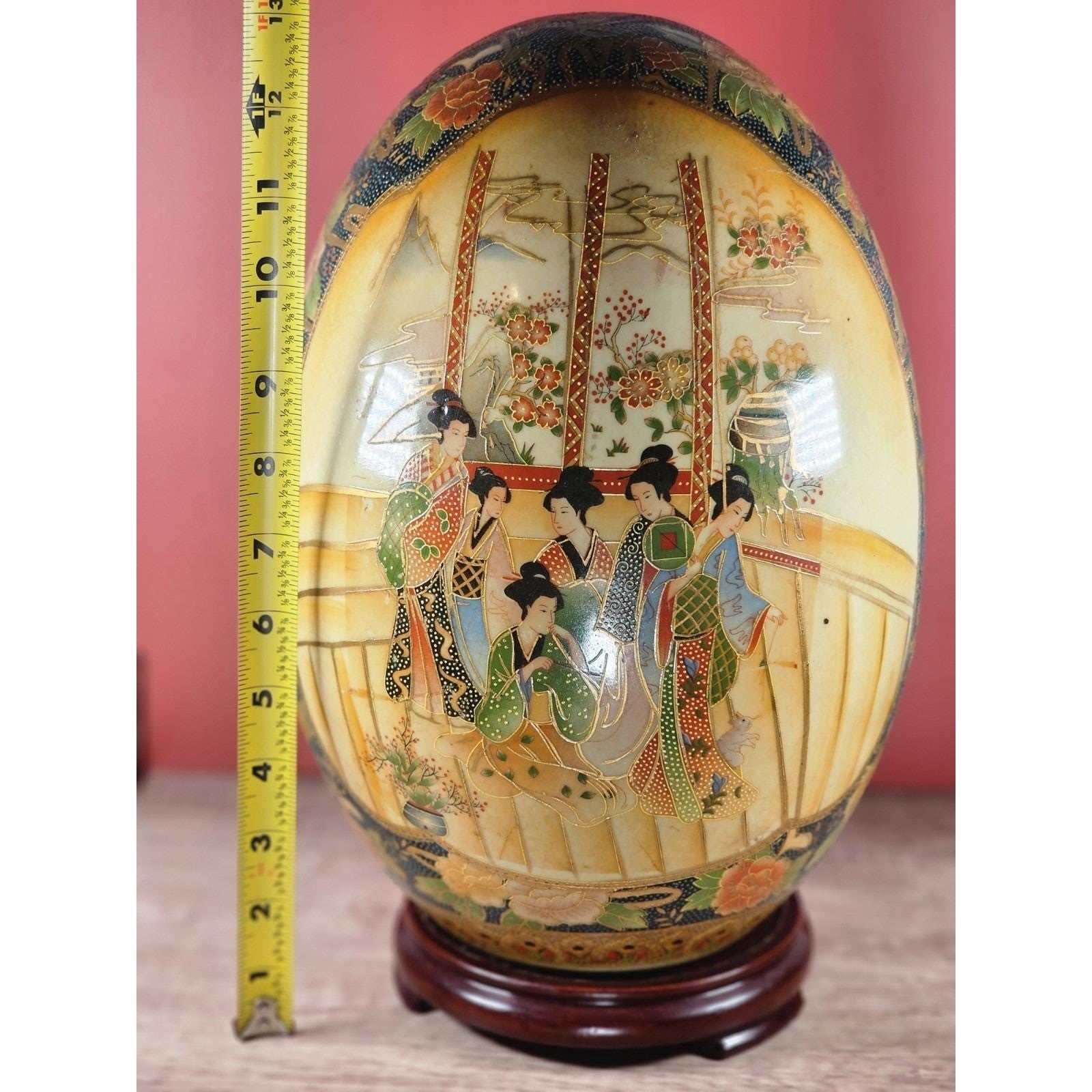 Large Vintage Satsuma Style Porcelain Egg on Stand | Hand-Painted Geisha Decor
