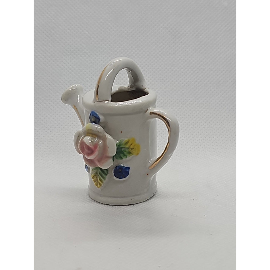 Miniature Vintage Porcelain Watering Can Figurine Roses Gold Trim Japan 2″