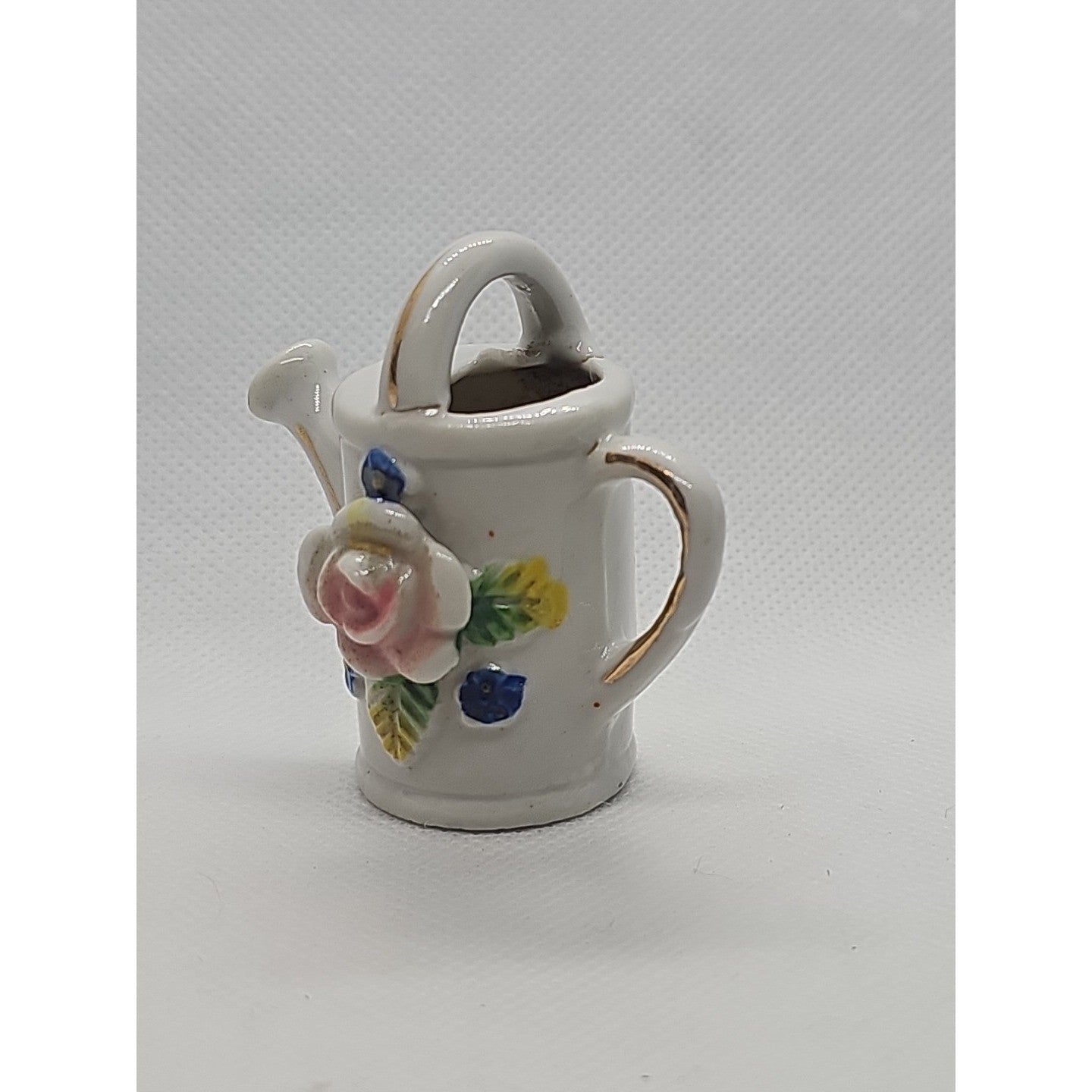 Miniature Vintage Porcelain Watering Can Figurine Roses Gold Trim Japan 2″