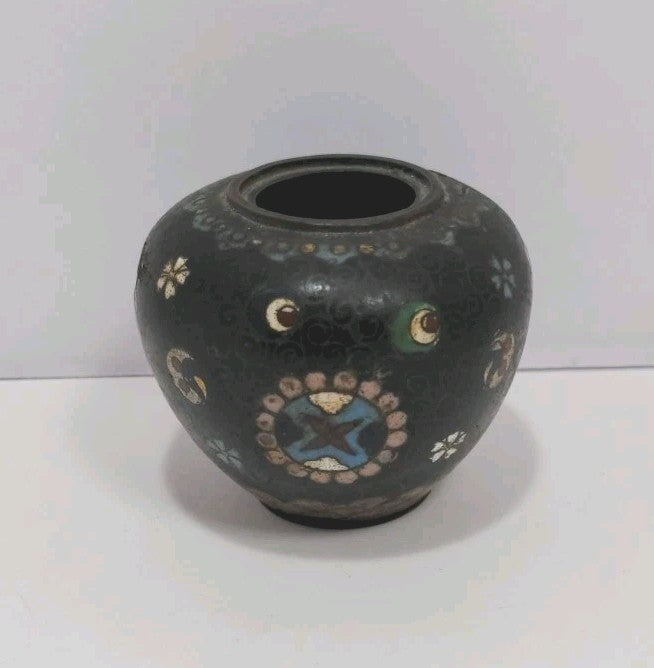 Vintage Cloisonné Mini Vase Black Enamel Floral Blue Interior 2.5"