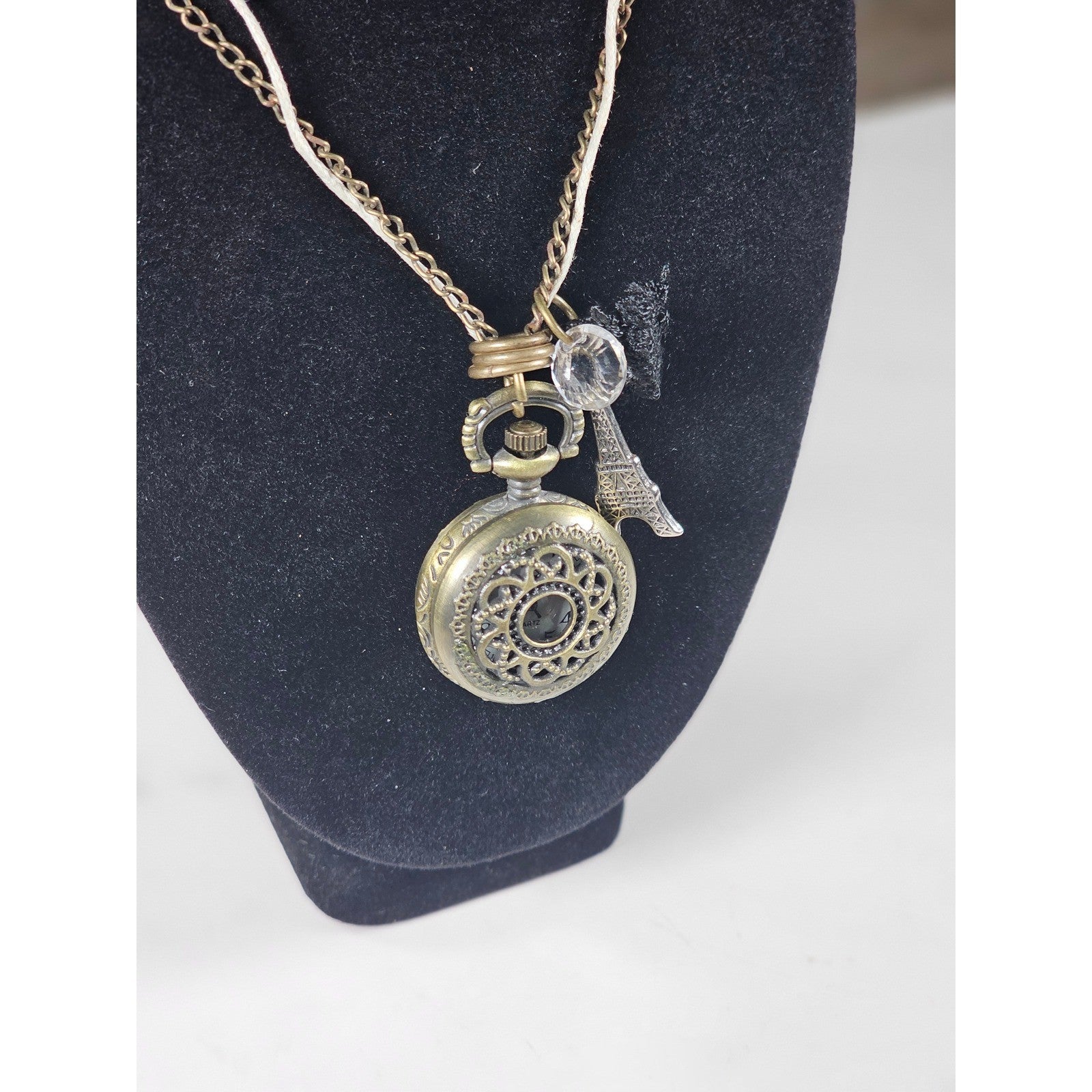 Vintage Pocket Watch Necklace Eiffel Tower Charm Long Chain