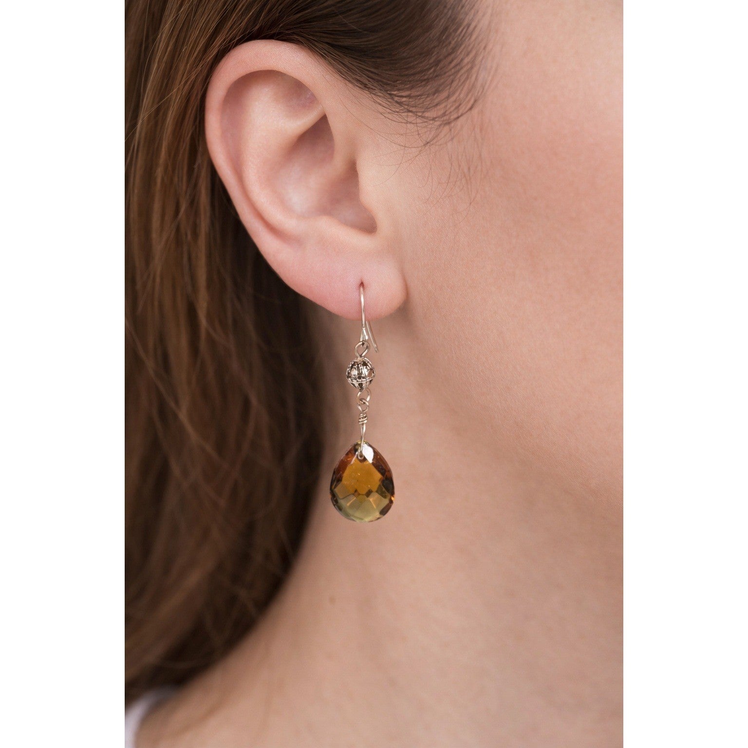 Vintage Amber Teardrop Dangle Earrings Faceted Glass Pierced