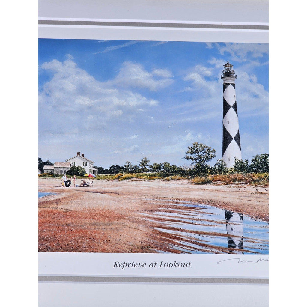 Vintage Framed Coastal Lighthouse Print Signed William Mangum 13.5x12