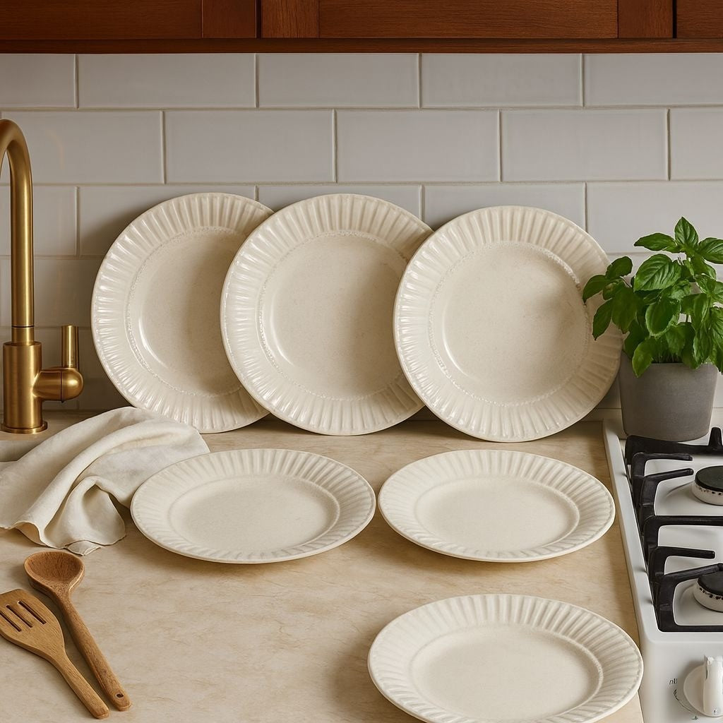 Set Of 6 White Embossed Dinner Plates Thomson Pottery 10.75 Inch Ceramic