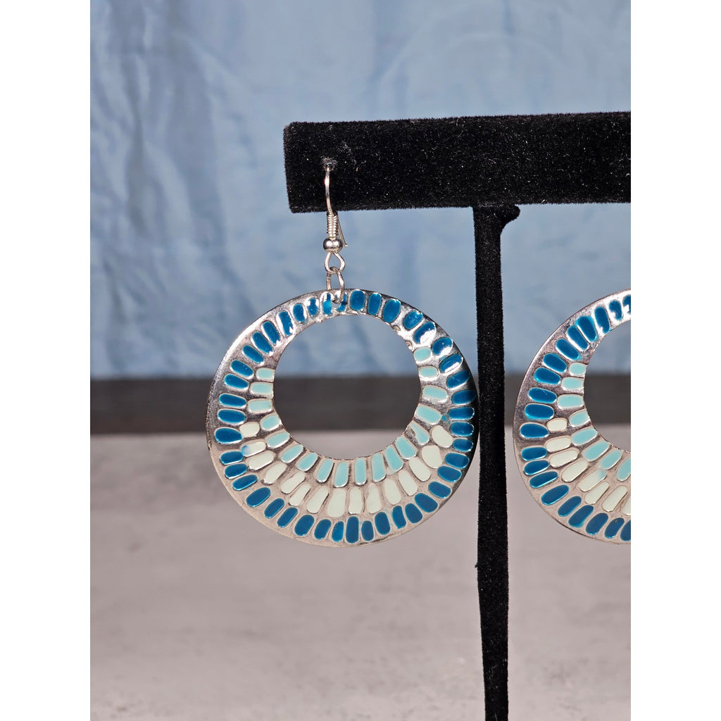 Vintage Blue & Silver Tone Textured Hoop Dangle Earrings