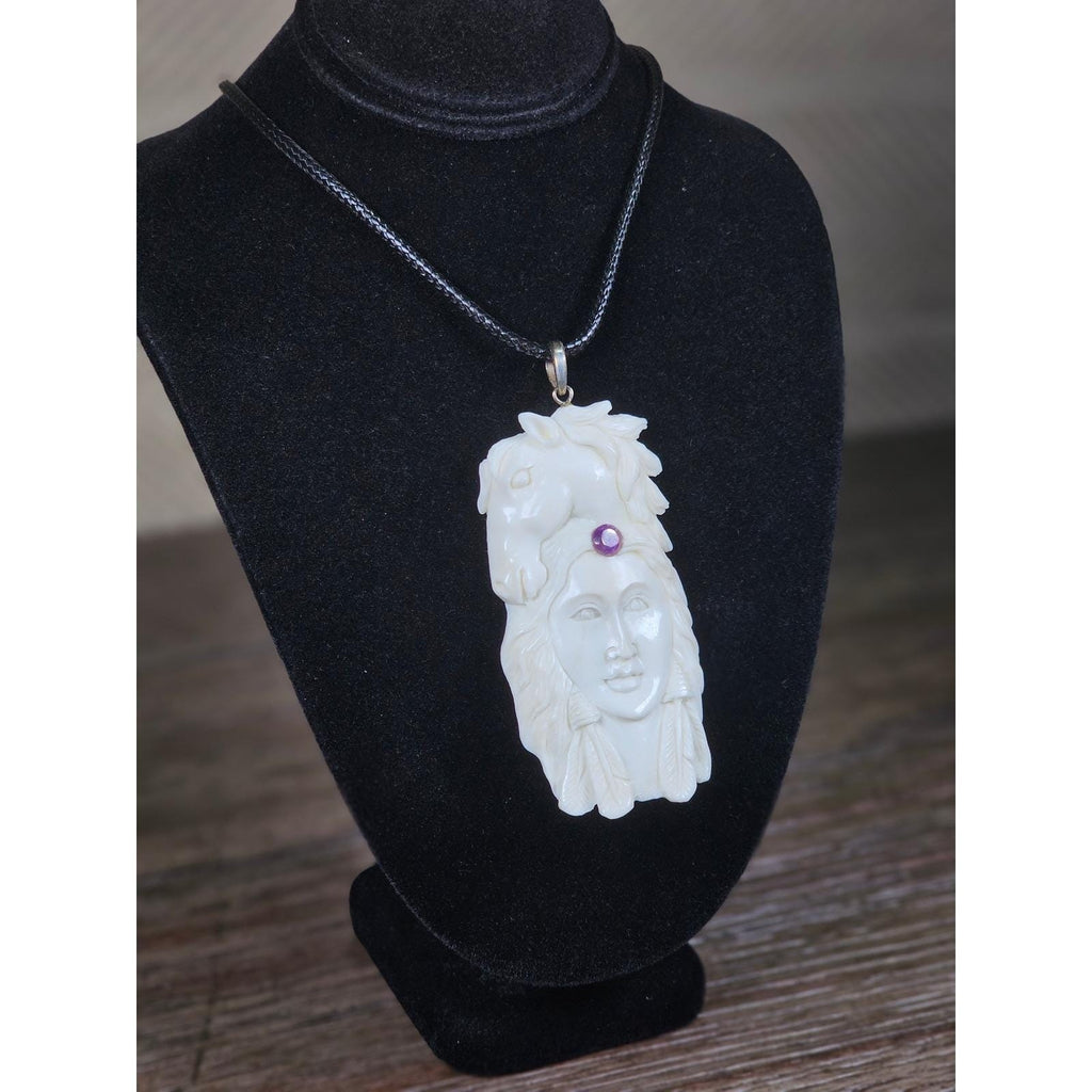 Vintage Carved Woman Horse Pendant Necklace Purple Stone