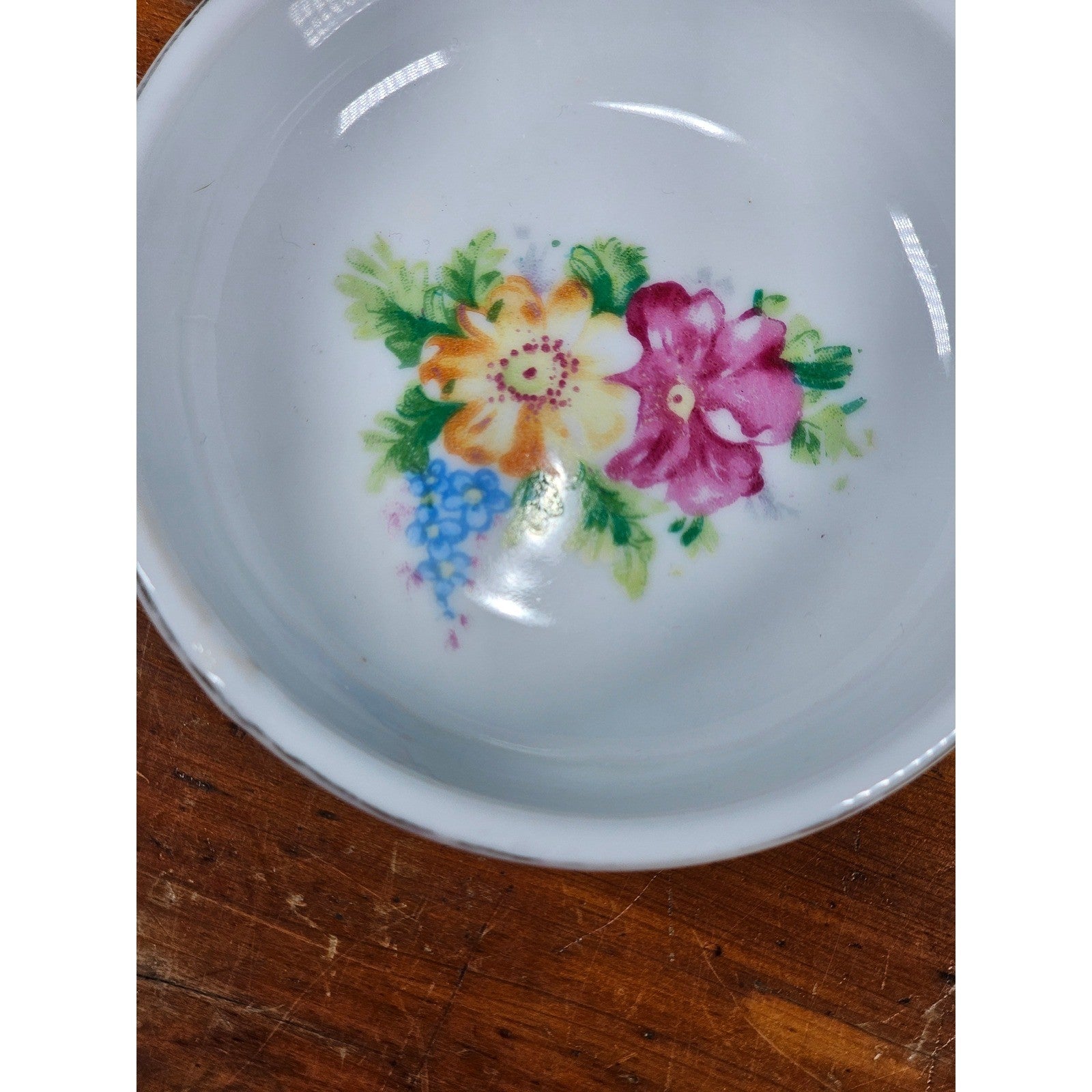 Vintage Floral Porcelain Dipping Bowl with Gold Rim – Small Trinket Dish