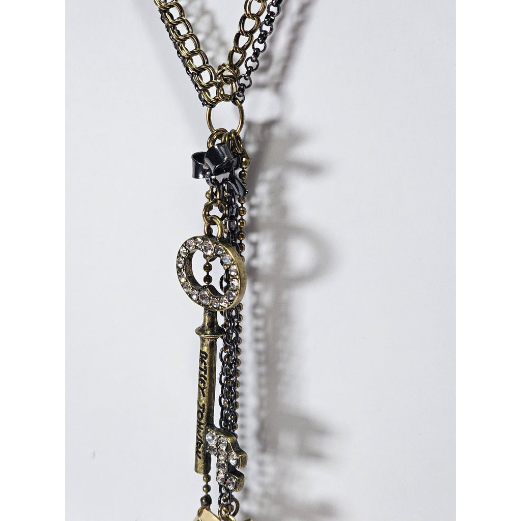 Betsey Johnson Vintage Charm Necklace Key Pendants Long Layered Statement