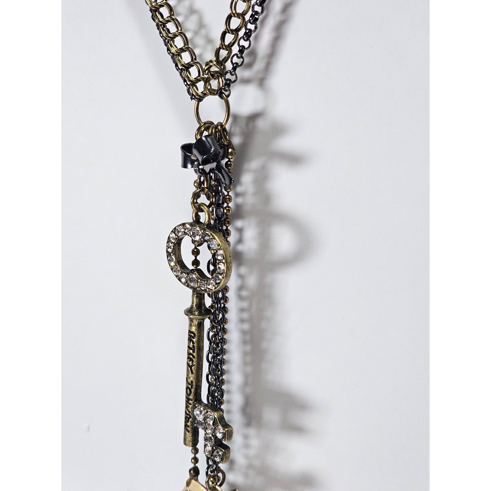 Betsey Johnson Vintage Charm Necklace Key Pendants Long Layered Statement