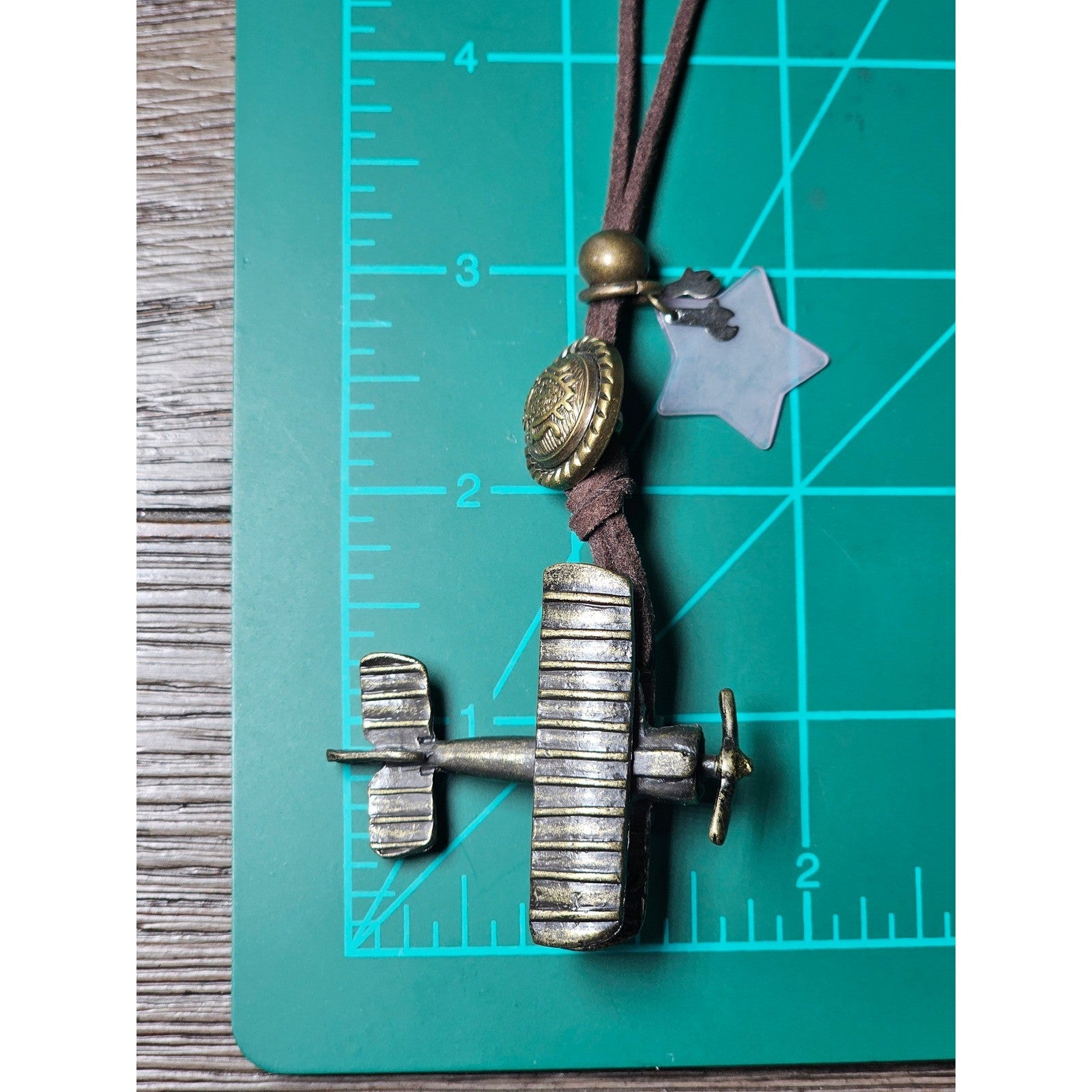 Vintage Airplane Pendant Necklace on Suede Cord with Star Charm
