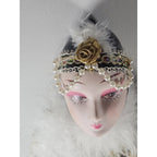Vintage 1920s Porcelain Doll Gold White Lace Feather Boa In Box
