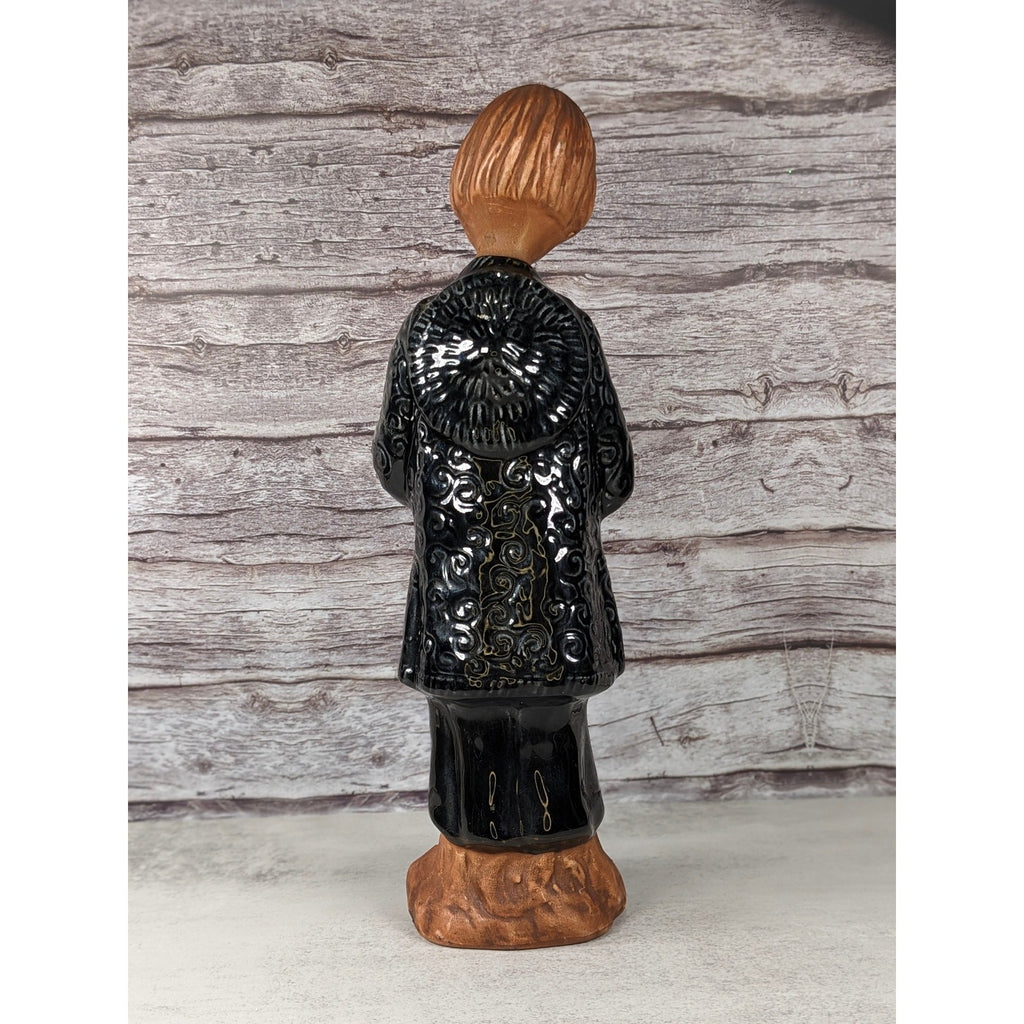 Vintage Ceramic Child Figurine Black Embossed Coat 9.5 Inch Statue