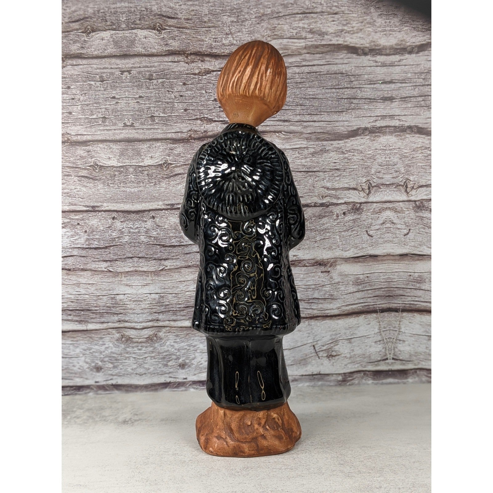 Vintage Ceramic Child Figurine Black Embossed Coat 9.5 Inch Statue