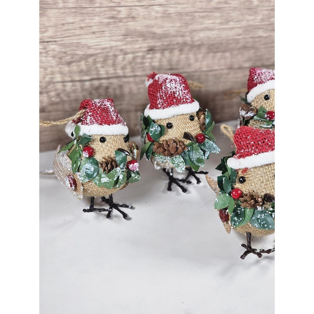 Set of 6 Burlap Bird Ornaments with Santa Hats Rustic Christmas Decor