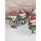 Set of 6 Burlap Bird Ornaments with Santa Hats Rustic Christmas Decor