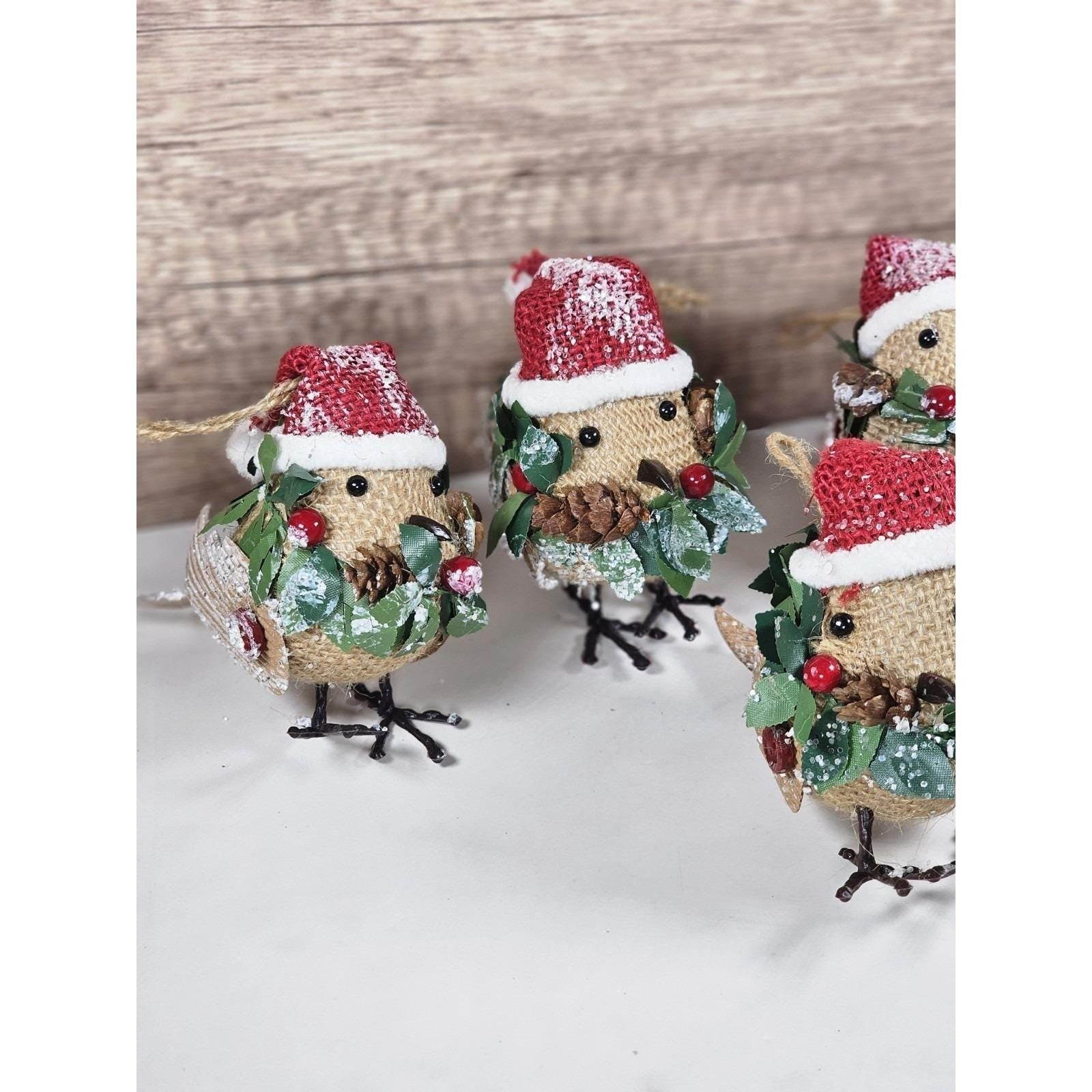 Set of 6 Burlap Bird Ornaments with Santa Hats Rustic Christmas Decor