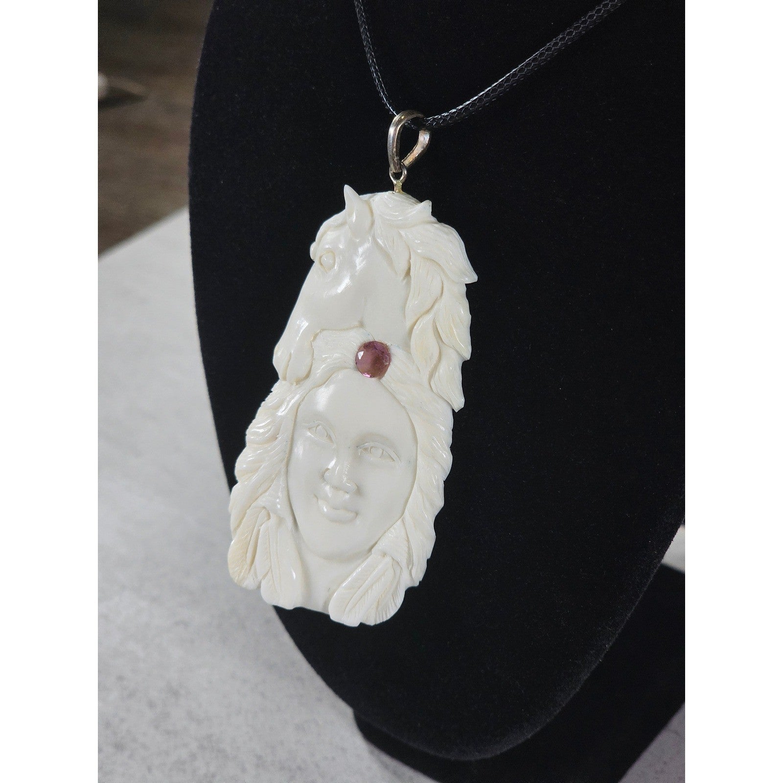 Vintage Hand Carved Horse Woman Pendant Necklace