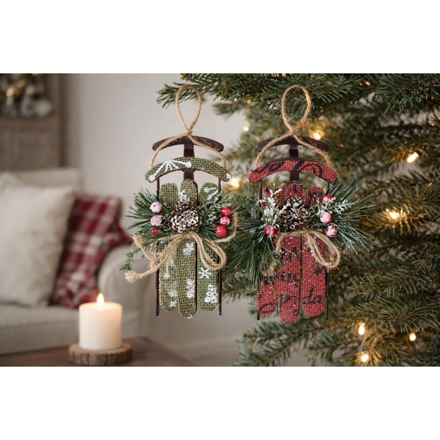 Vintage Style Christmas Sled Ornaments Set of 2 Red Green Holiday Decor