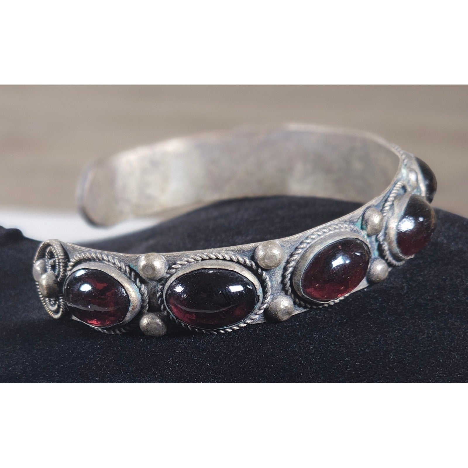 Vintage Red Cabochon Cuff Bracelet Silver Tone Boho