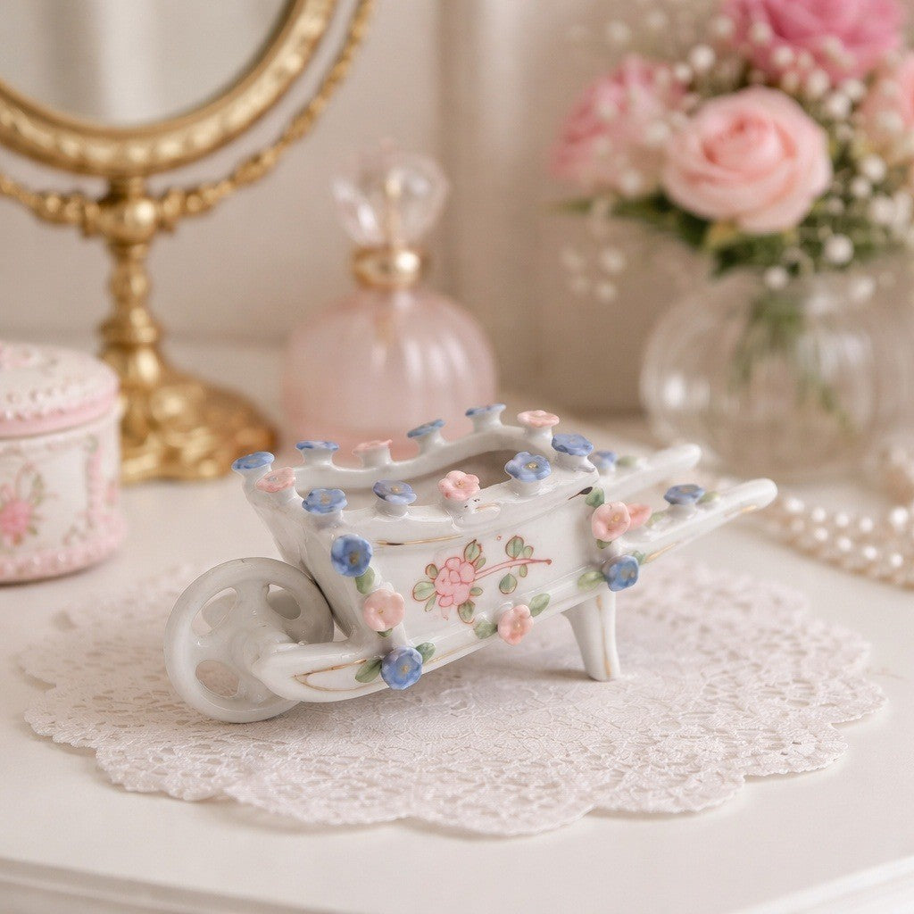 Vintage White Ceramic Mini Wheelbarrow Planter | Floral Antique Decor