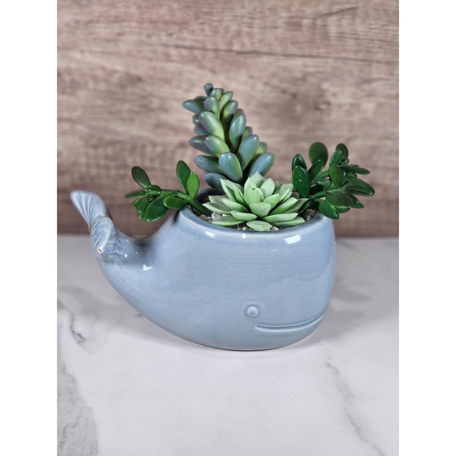 Vintage Whale Planter Blue Ceramic Coastal Decor Succulent