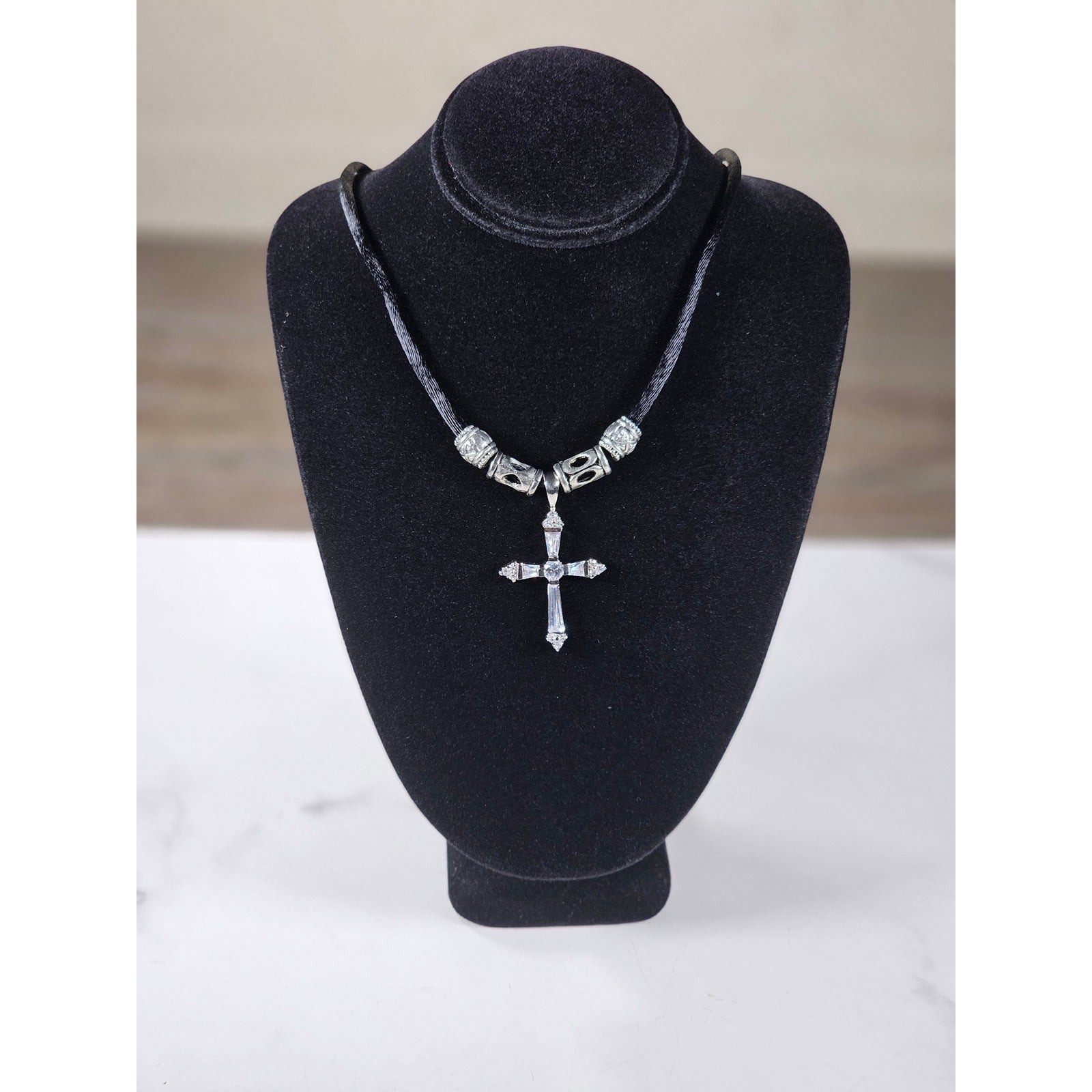 Vintage Silver Tone Cross Necklace Black Cord Beaded Accent