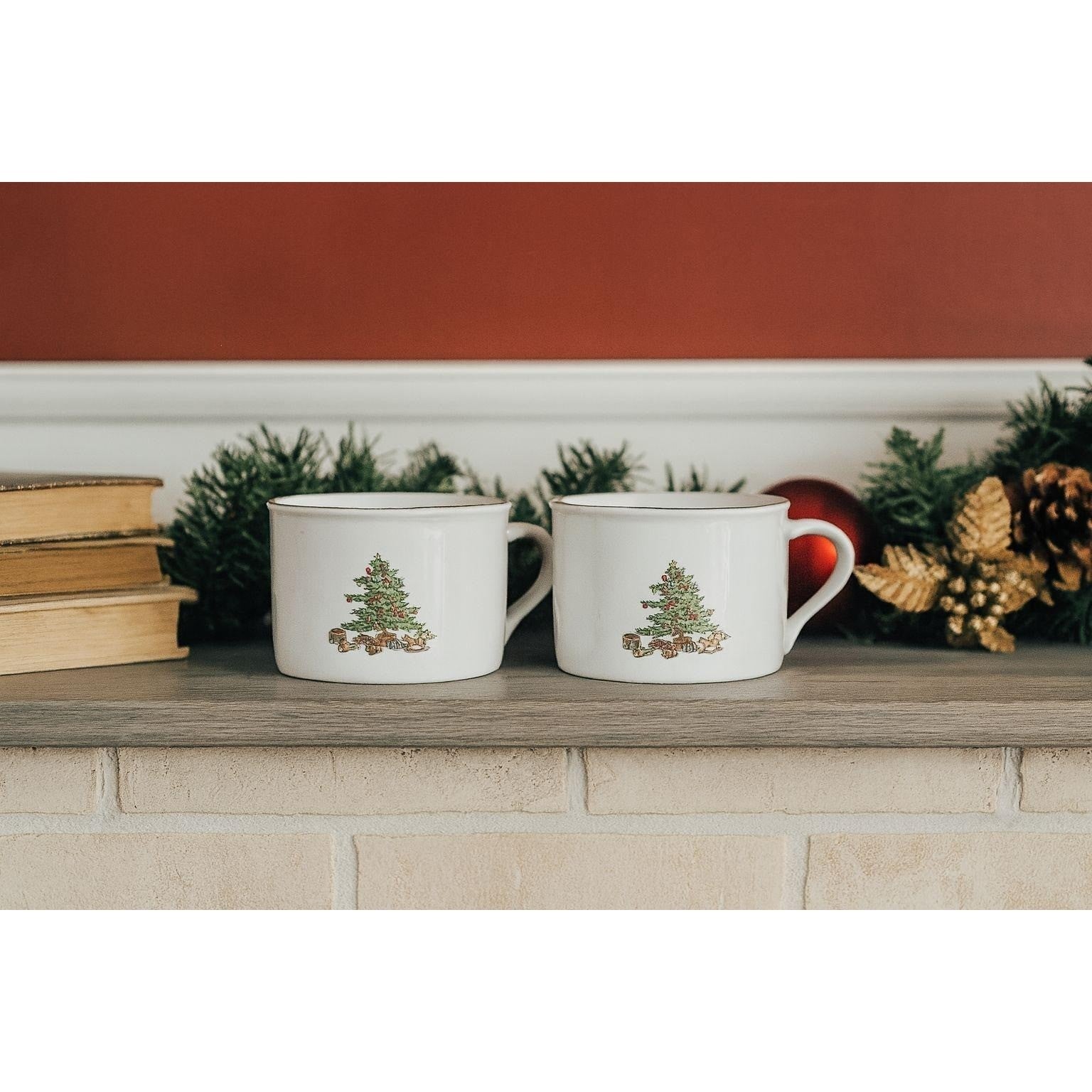Vintage Tienshan Christmas Tree Porcelain Mugs Set of 2 Holiday Cups