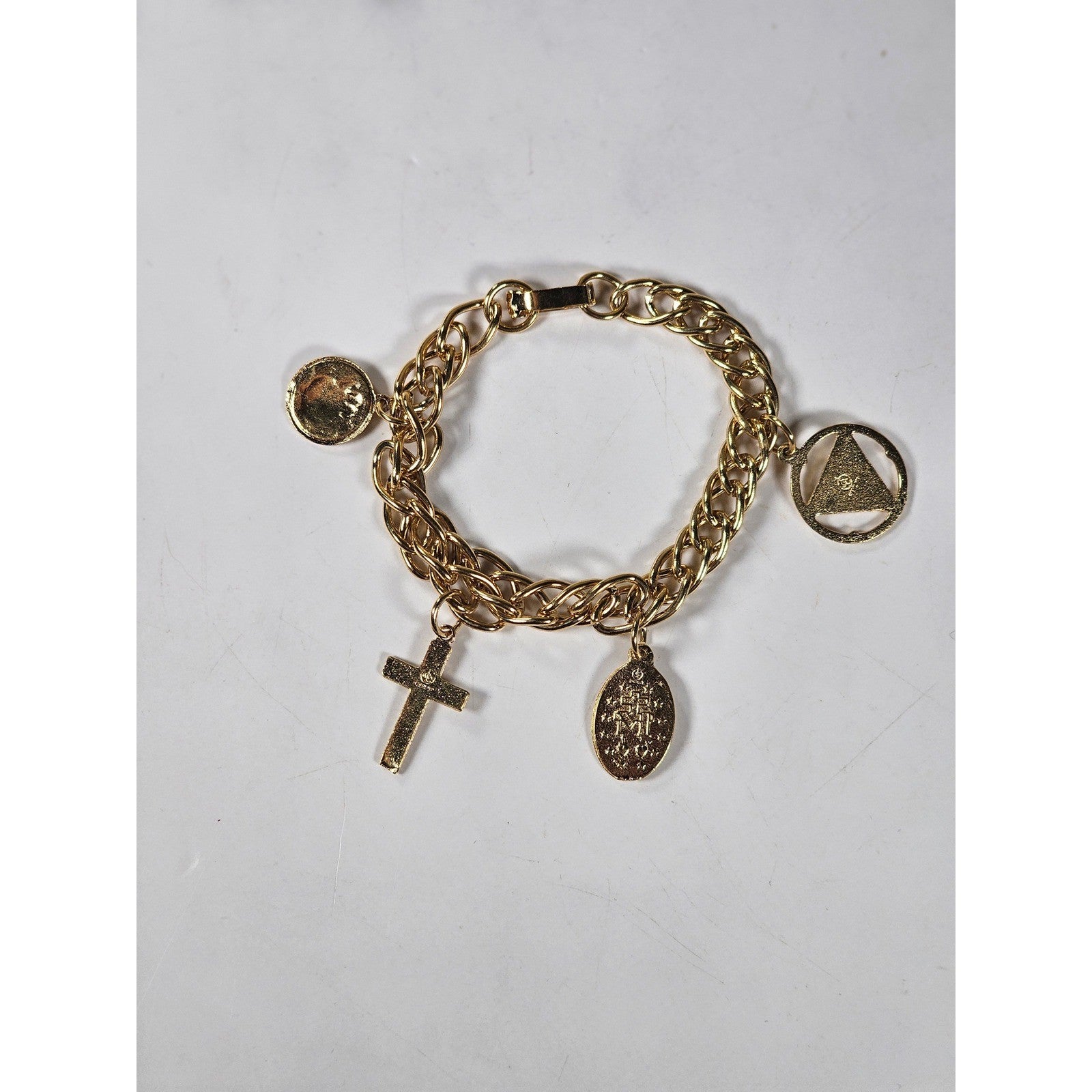 Vintage Gold Tone Religious Charm Bracelet Cross Medal Coin