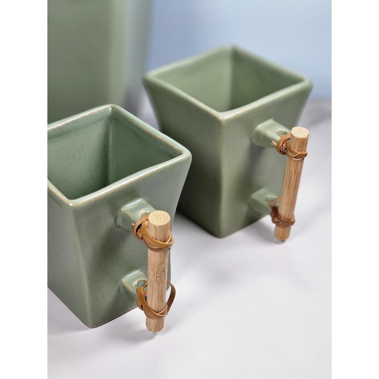 Joyce Chen Ceramic Flared 28oz Teapot & 4 Square Teacups Set Bamboo Handle