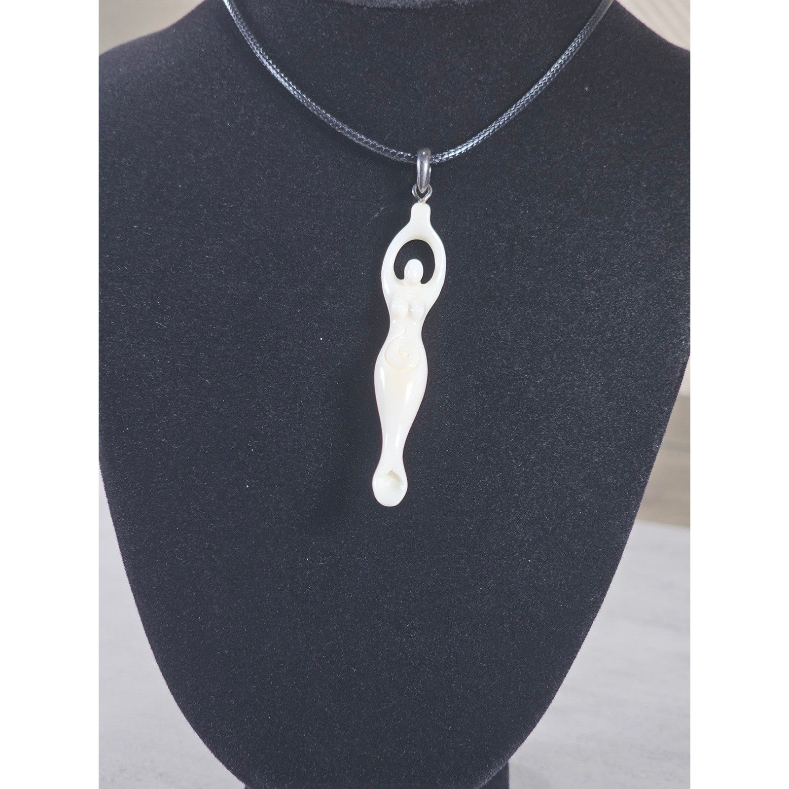 Vintage Carved Goddess Pendant Necklace on Black Cord