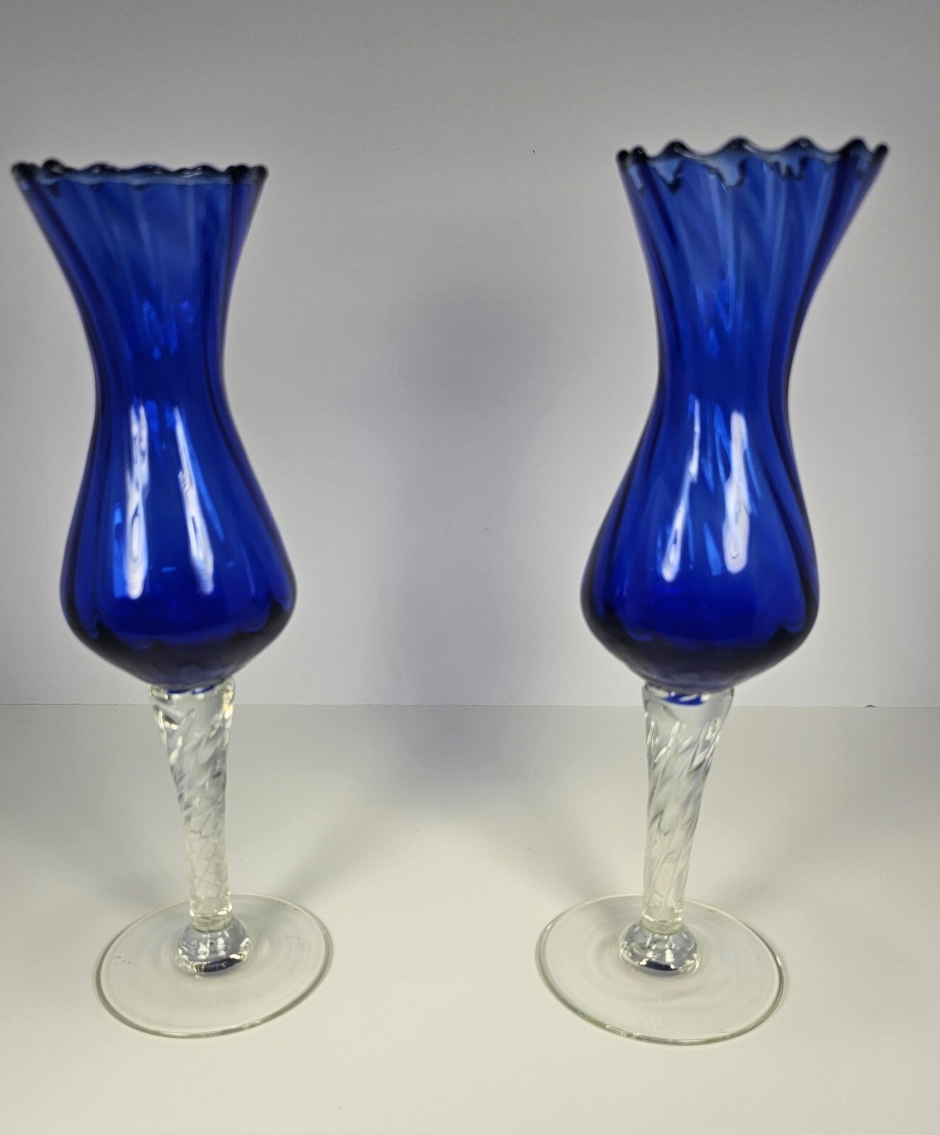 Set of 2 Tall Blue Optic Swirl Wine Goblets – Clear Stem Vintage Glassware 10″